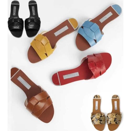 ZA Sandals Womens Flat Bottom 2020 Summer New Leather Cross Decoration Flat-Heeled Womens Sandals Wine Red Lazy Slippers Women