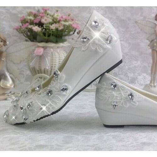 3cm wedges heel wedding shoes for women comfortable light ivory TG284 lace rhinestones bridal shoes female brides shoes