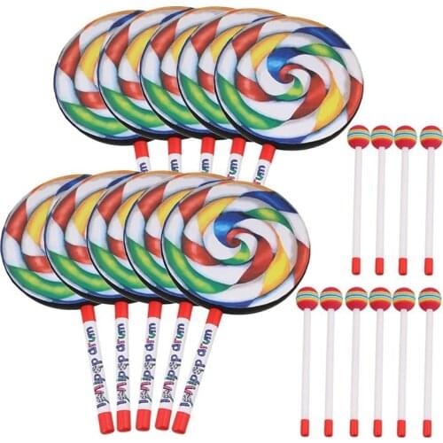 10Pcs 7.9 inch Lollipop Shape Drum With Rainbow Color Mallet Music Rhythm Instruments Kids Baby Children Playing Toy