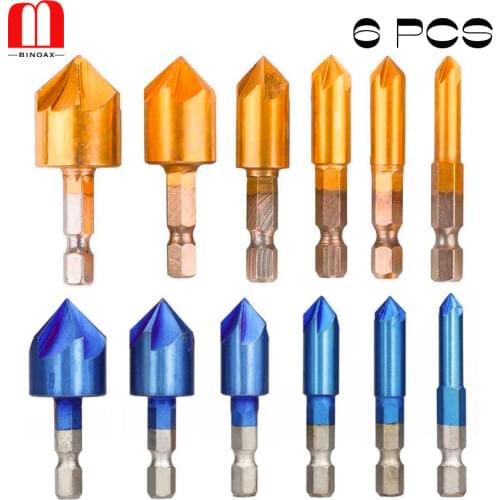 BINOAX 6 PCS 5-Flute Countersink Drill Bit 1/4 Hex Shank 90 Degree Wood Chamfering Cutter Chamfer