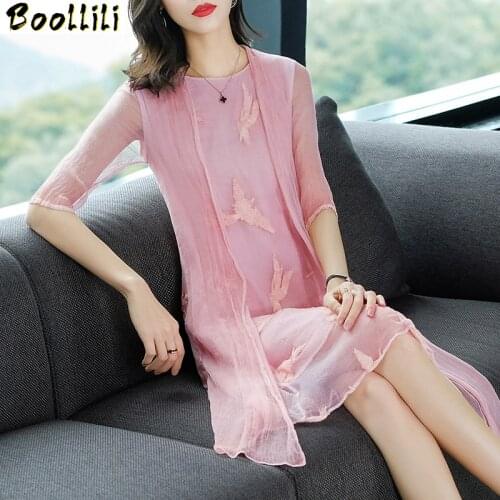 Boollili Spring Summer 100% Silk Dress Female Embroidery Pink Midi Dress Elegant Korean Ladies Dresses Vestidos Verano 2020