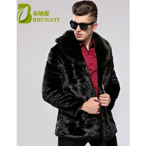 BHUNATI Black Mens Faux Fox Fur Overcoat Fur Lapel Thickening Warm Jackets Turn down collar long sleeve Mens Fur Coat