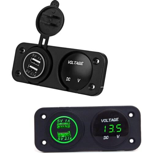 DC 12V - 24V LED Digital Voltmeter + Dual USB Car Charger Motorcycle Charger 2.1A/1A For Car Motorcycle Green Blue Red