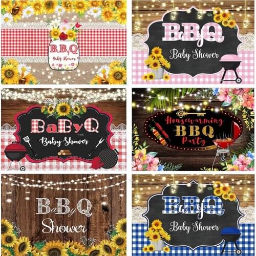 Baby Shower Birthday Party BABYQ Barbecue Wood Backdrop Lattice Lace Decoration Girl Boy Sunflower Lights Background Photography