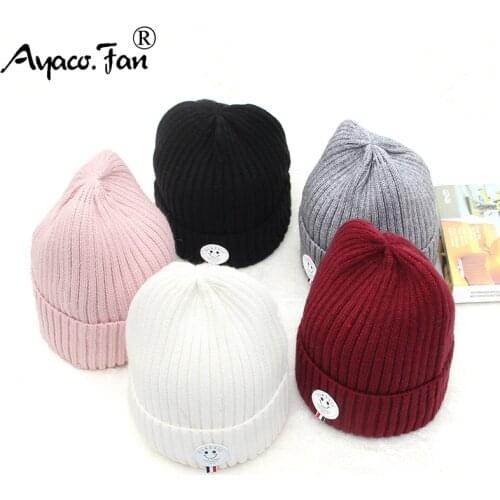 Cute Smile Knitted Beanie Hat Winter Warm Cap for Men Women New Soft Ski Caps Skullies Knit Cap Solid Colors Womens Bonnet Hats