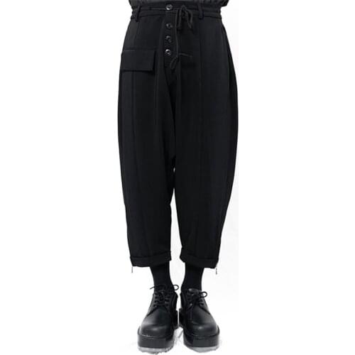 Yamamoto Style Mens casual Capris Harun button placket deep crotch pants classic hem zipper pants