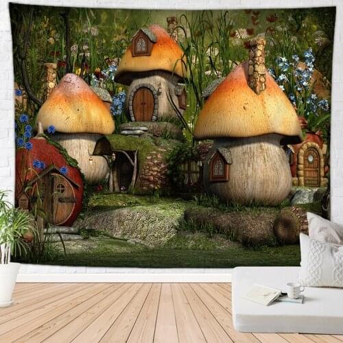 Forest mushroom house tapestry wall carpet psychedelic wandtapijt bohemian wall hanging blanket