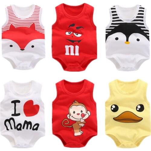 Summer Newborn Baby Boys Girls Cartoon Cotton Bodysuit Infant Baby Sleeveless Vest Jumpsuit Thin Penguin Pajamas Toddler Outfit