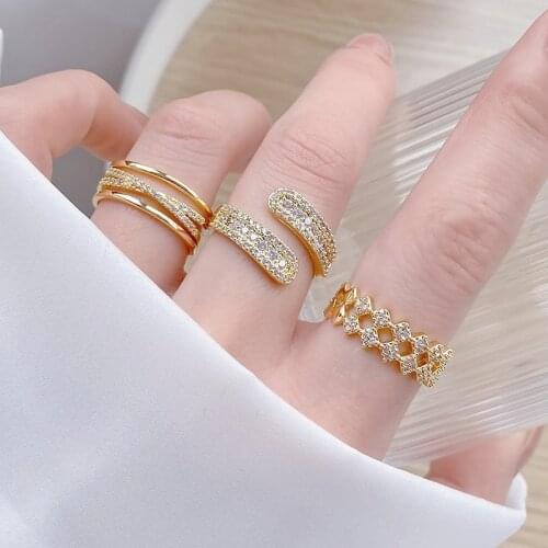 Fashion Korean 14K Real Gold Micro Inlaid CZ Open Design Ring for Femme AAA Bling Zirconia Adjustable Double Layers Bijoux Gift