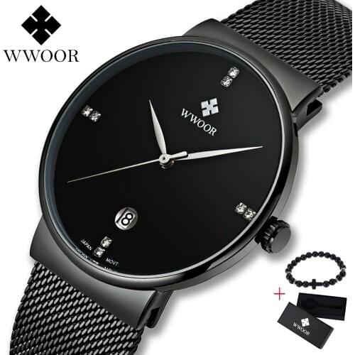 2019 WWOOR All black Mens Watch Top brand Luxury Stainless Steel Male Wristwatch Diamond Quartz Watches Men reloj hombre Relogio
