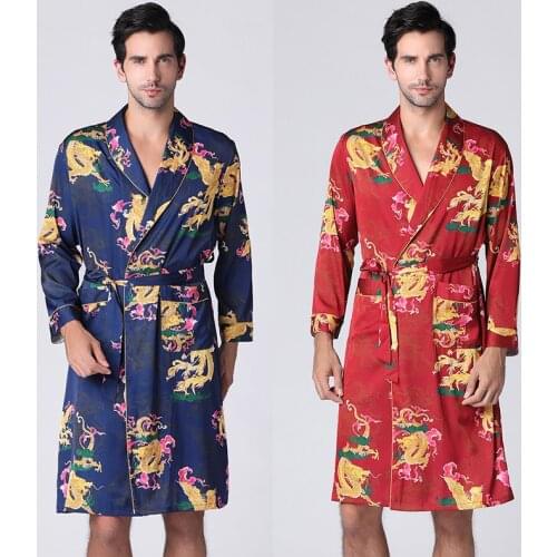 Nightwear 2021New Mens Bathrobe Silk Kimono Long Sleeves Pyjamas Chinese Elements Spring Summer Pajamas Gown Male Home Sleepwear