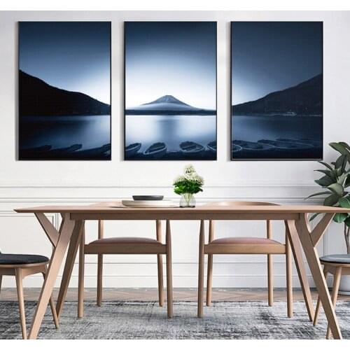 Nordic modern conception simplicity lake and boat landscape frameless triple canvas paintings