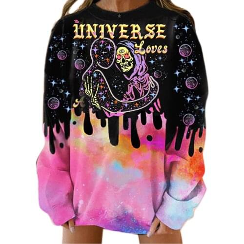 Streetwear Tie-dye Long Sleeve Hoodie Female Oversized Halloween Skull Printed Pullover Top Autumn Thermal Warm Sweater Moletom