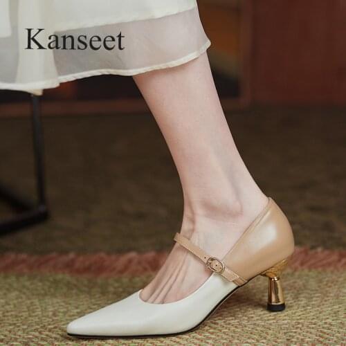 Kanseet 2021 New Women Pumps Spring Autumn Patchwork Genuine Leather Fashion Mixed Colors Handmade Pointed Toe High Heels Shoes