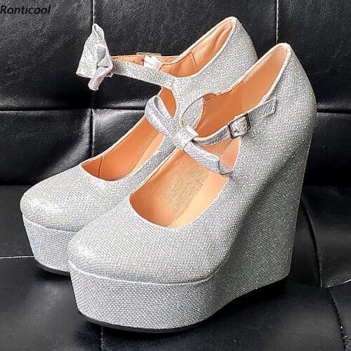 Ronticool Handmade Women Glitter Pumps Butterfly Knot Wedges High Heels Round Toe Silver Party Shoes Women US Plus Size 5-20