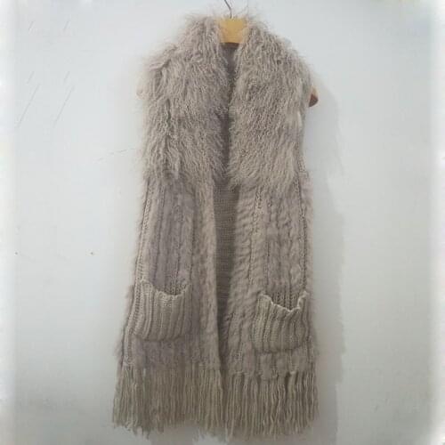 Real Rabbit Fur Vest With Mongolia Sheep Fur Collat Women Long Elastic Knitted Fur Gilet Ladies Spring 2019 Fashion Fur Vests