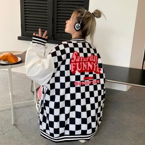 2021 color-blocking coat embroidered black and white check coat long-sleeved all-match Harajuku style jacket