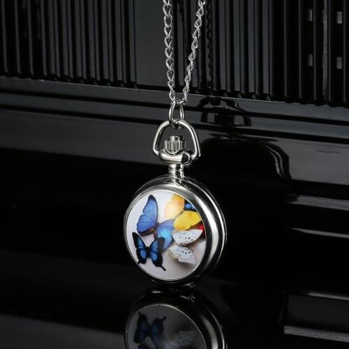1 Pcs Retro Quartz Pocket Watch Butterfly Printed Case with Chain LL@17