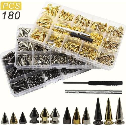 180/80 Sets Punk Rivet Screw Back Studs and Spikes Kit with Tools Leather Craft Rivets Bullet Cone DIY Accessories