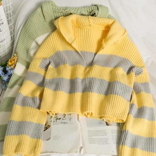 2021 Fashion Striped Hooded Collar Loose Knit Sweater Retro Long Sleeve Pullover Streetwear