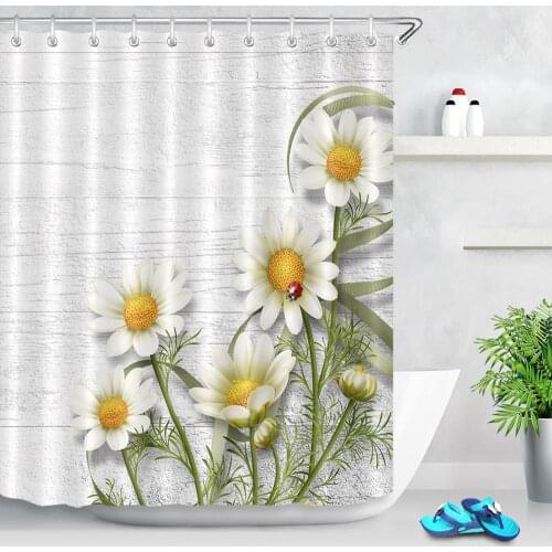 White Daisies Flowers Shower Curtain Mildewproof Fabric Floral Wood Texture Print Fabric Bathroom Decor Bath Curtain with Hooks