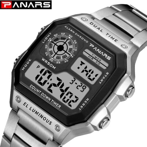 PANARS Men Watches Luxury Brand Sport Digital Watch For Men Square LED Electronic Clock Male Stainless Steel Mens Wristwatches