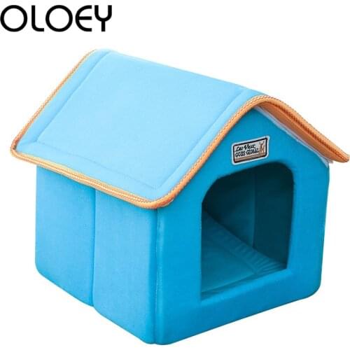 Dog House Foldable Bed with Mat Soft Winter Leopard Dog Puppy Sofa Cushion House Kennel Nest Dog Cat Bed For Small Medium Dogs