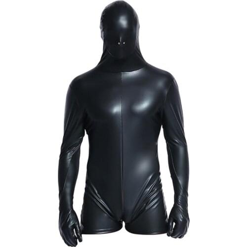 Bodysuit Men Full Body Cover PU Latex Jumpsuit Sexy Lingerie Tights Gay Clubwear Zentai Suit Men One Piece Zippers MaleCostumes