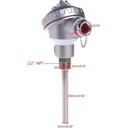 RTD PT100 Temperature Sensor 4" Probe 1/2" NPT Thread Thermocouple Terminal Head