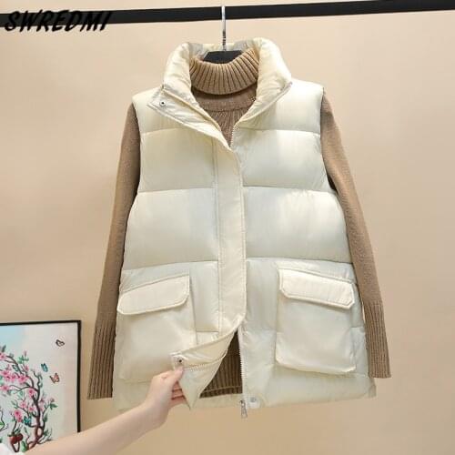 SWREDMI Women Winter Vest Short Cotton Waistcoat Big Pockets Fashion Jacket Coat Sleeveless Plus Size S-3XL