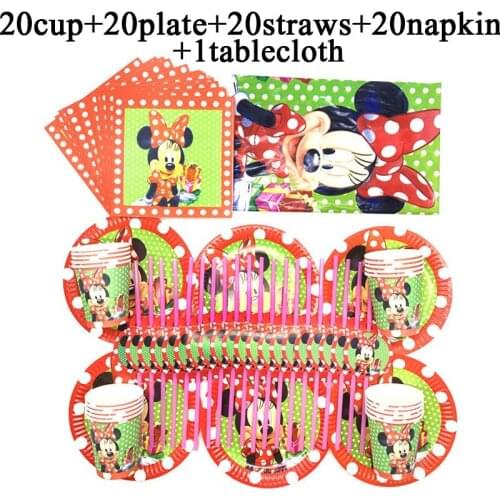 For 20 Person Minnie Birthday Red Theme Party Supplies Set Baby Girl Decoration Cartoon Minnie Mouse Party Cups Tablecover Plate