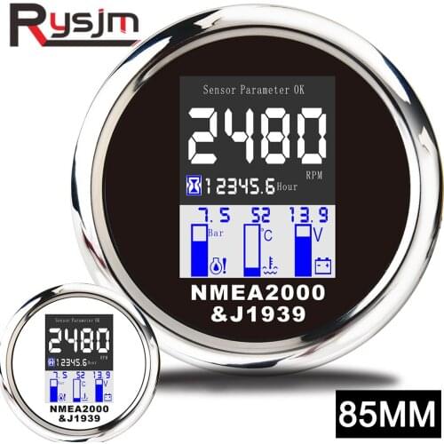 NMEA 2000 Multi-functional 4 in 1 Gauge 85mm Digital Tachometer Voltmeter Water Temp Oil Pressure gauge 0~10Bar With Alarm 9-32V