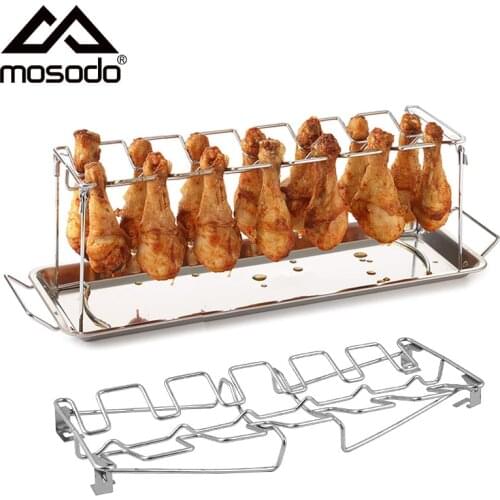 BBQ Beef Chicken Leg Wing Grill Rack 14 Slots Stainless Steel Barbecue Drumsticks Holder Smoker Oven Roaster Stand with Drip Pan
