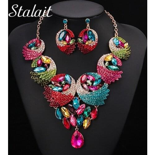 Luxury Colorful Crystal Feather Jewelry Sets Necklace Earrings Bridal Wedding Rhinestone Jewelry Accessories Sets For Women