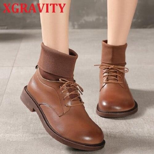 XGRAVITY Fashion Women Mid Calf Sock Boots Autumn Winter Womens Casual Round Toe Boots Retro Ladies Fashion Shoes Female S149