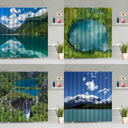 Natural Scenery Shower Curtains Ocean Waterfall Mountain Forest Bathroom Screen Bath Curtain Washable With Hook Set Home Decor