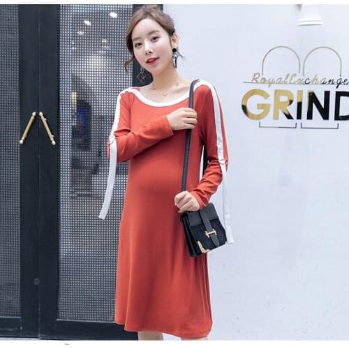 Spring and summer new maternity dress dress word collar long section stitching color comfortable sleeve fashion pregnant skirt