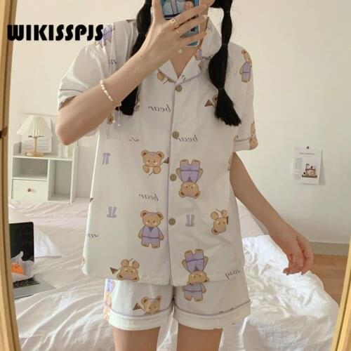 WIKISSPJS 2021 Summer Short Sleeve Shorts Two Piece Cute Cartoon Bear Casual Home Wear Pajama Lounge Sets Sleep Tops Sleepwear