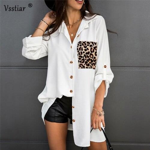 Long Sleeve Leopard Blouse 2021 Fashion Pockets Casual Women Office Tops Plus Size Summer Ladies Long Shirts