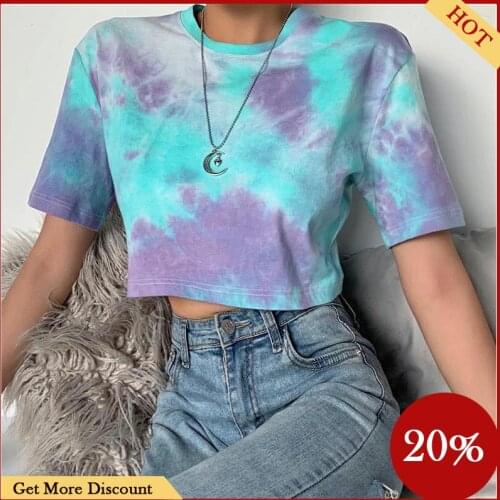 Hirigin 2020 Summer Women T-shirt Tie Dyeing Short Sleeve O-neck Tops Casual Loose Tee Shirt Ladies Neon Print Short Tee Clothes