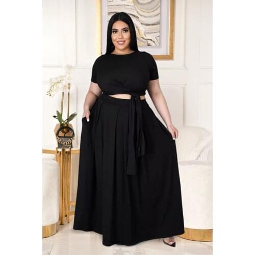 Plus Size Outfits for Women 4xl 5xl Fashion Round Collar Solid Color Bandage Swing Two Piece Set Skirts Wholesale Dropshipping