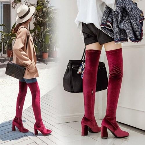 Real Velvet Boots Women Over Knee High Boots Zipper Thigh High Boots Plush Fur Slim Leg Stovepipe Motorcycle Booties Winter