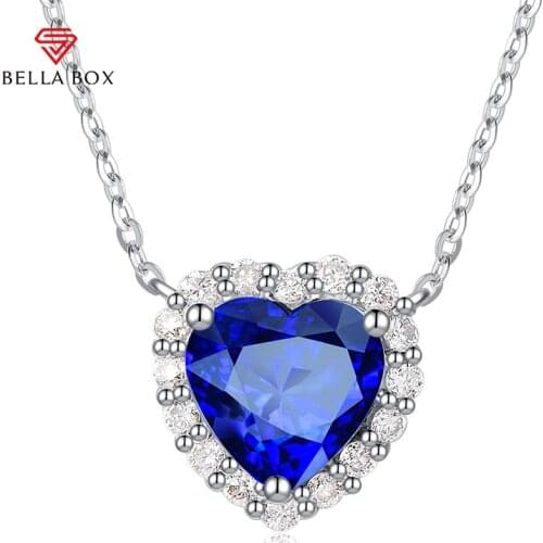BELLA BOX Classic 925 Sterling Silver Women Pendant Necklace With Sapphire Heart Shape Gemstone Anniversary Fine Jewelry Gift
