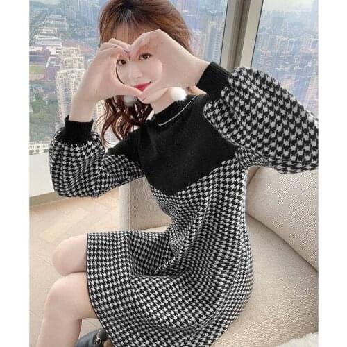 Houndstooth Stitching Pullover Sweater Dress Autumn Women Casual Lantern Sleeve O-Neck A-Line Loose Knitting Dress