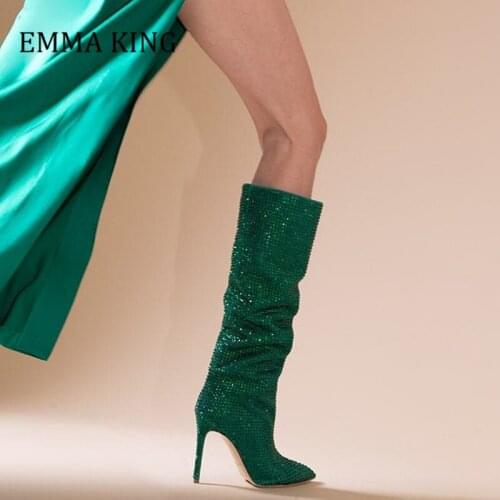 2021 Women Crystal Embellished Knee High Boots Sexy Point Toe Rhinestone Stiletto Heel Boots Bling Nightclub Party Dress Boots