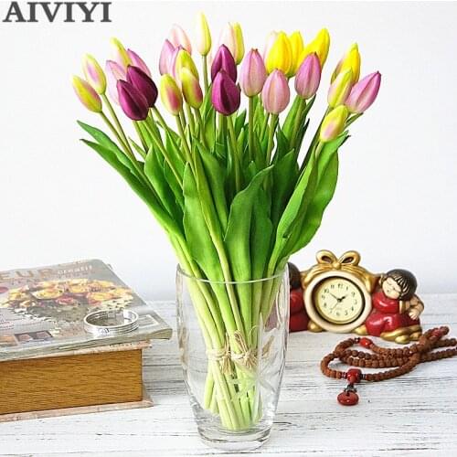 7Pcs / bunch of real touch soft silicone artificial tulip flower home wedding decoration fake bride bouquet decoration