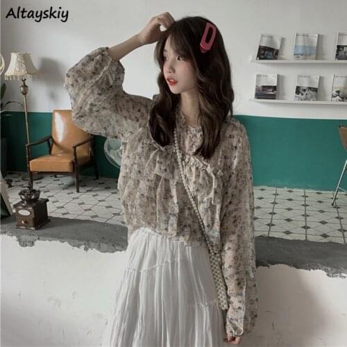 Blouses Women Puff Sleeve Korean Style Sweet Floral O-Neck Fashion Ruffles Summer All-match Casual Lovely Chic Female Trendy Top