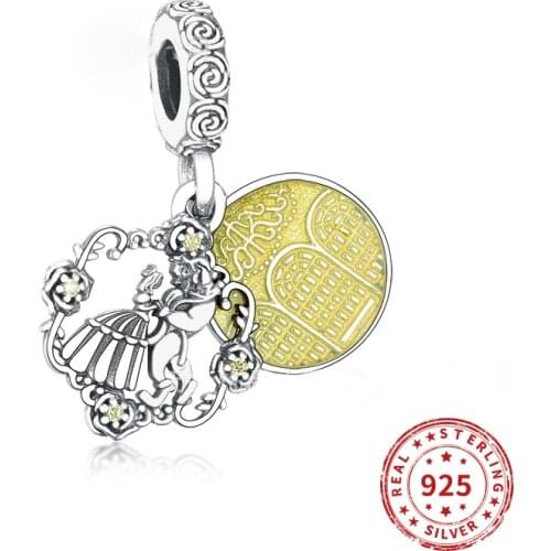 Real 925 sterling silver Beads beauty and the Beast Dangle Charm bead Suitable fit Original Pandora Bracelet Jewelry