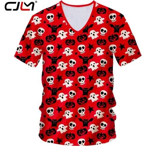 CJLM Halloween Lovely Bat Ghost Mens T-shirt 3D Printed Red Pumpkin Skulls Tee Shirt Man Personality Big Size V Neck Tshirt