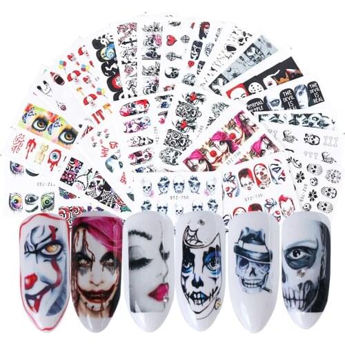 Gothic Terrifying Nails Accesorios Foil Nail Art Dark Skull Nail Sticker Halloween Stickers For Manicure Devil Clown Nail Slider